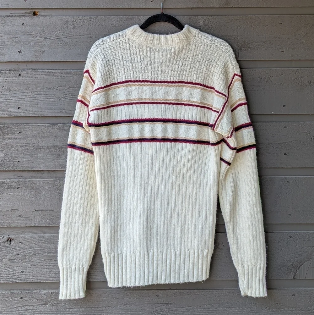 VTG 70s King Scot Crew Neck Ski Sweater Size Medium Ivory Tan Blue Red
